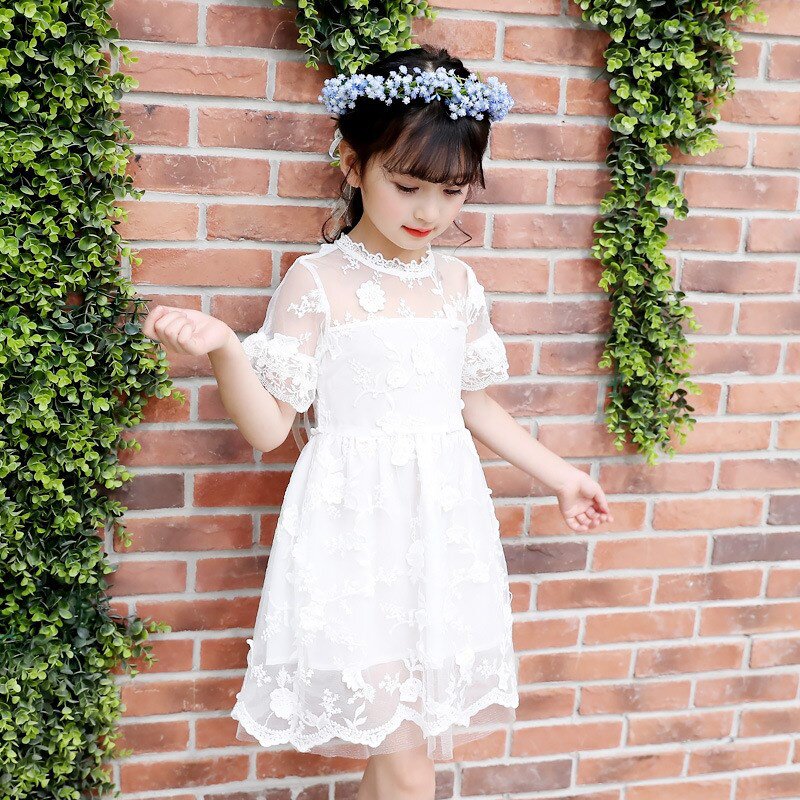 夏款女童短袖连衣裙夏季女宝宝中大儿童白色镂空公主裙蕾丝网纱裙