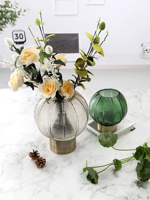 铜圈支架圆形球状玻璃装饰摆件茶几客厅餐桌插花金属环花器花瓶