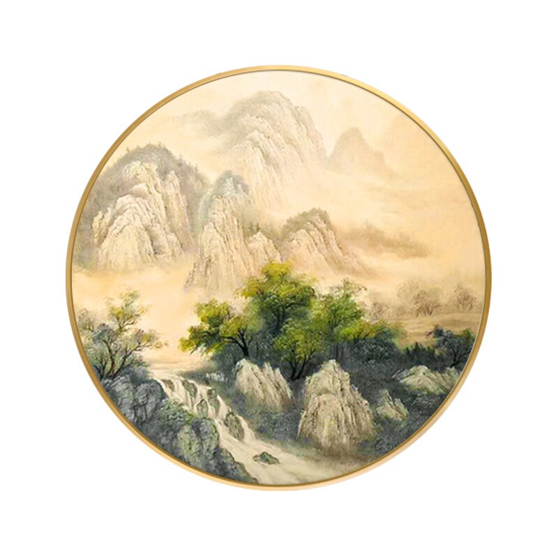 纯手绘油画新中式墙画餐厅装饰画入门玄关山b水风景寓意好圆形挂