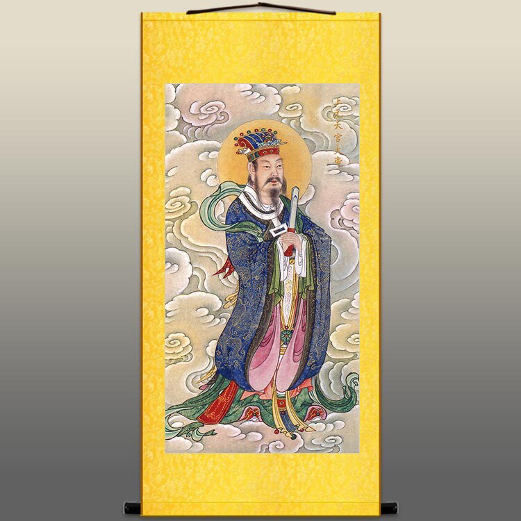三元三官大帝神像画天官赐福图地官水官画像明代水陆画卷r轴挂画