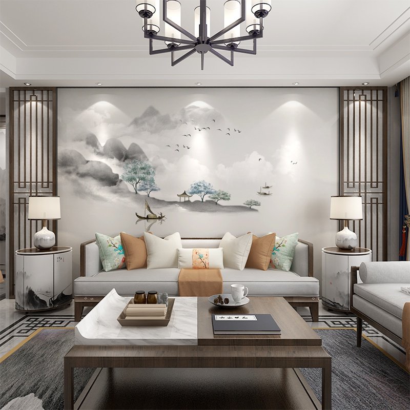 新品新中式意境山水画电视背景墙壁纸水墨墙纸客厅卧室影视墙壁画