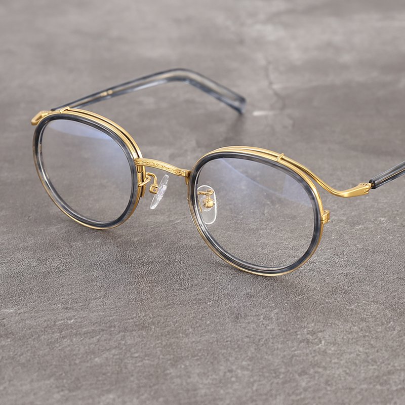 意大利进口板材中金金丝镜架文艺圆框复古大脸个性金子眼镜纯钛轻