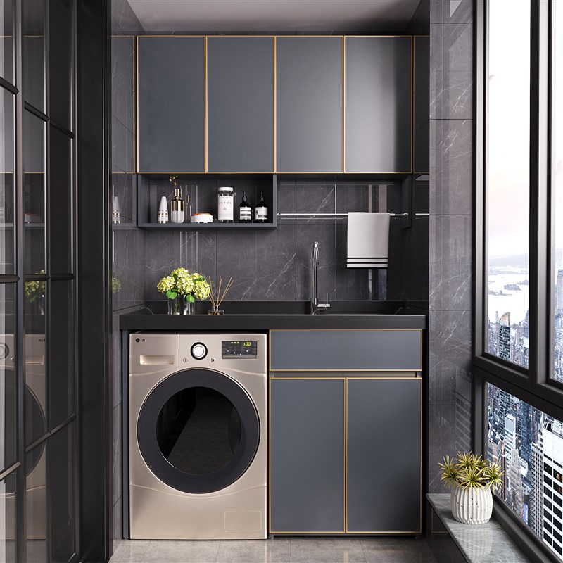 池太空现代简约盆切角洗衣机带一体洗漱铝洗手台柜浴室搓板伴侣