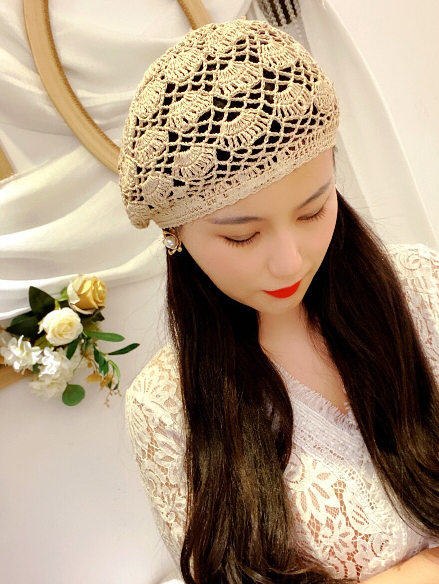 原创手工纯亚麻镂空帽女透气四季帽y复古文艺百搭优雅包头帽针织