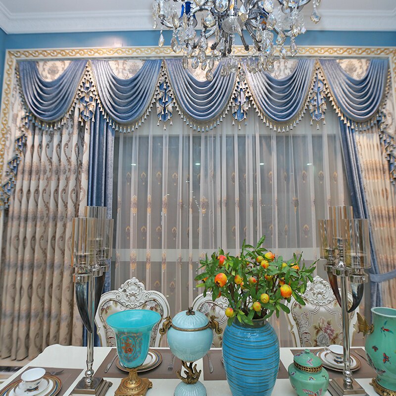 欧式高档客w厅地中海蓝色新款窗帘定制纱帘轻奢卧室成品豪华布窗