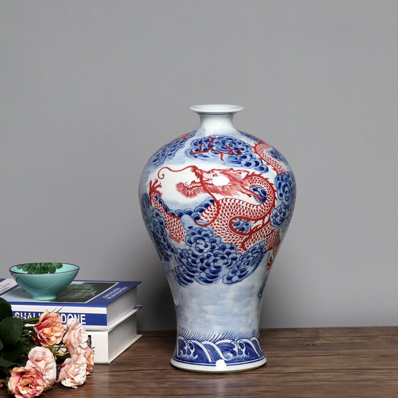 景德镇仿古手绘青花釉里红龙纹陶瓷梅瓶龙行天下家居装饰花瓶摆件