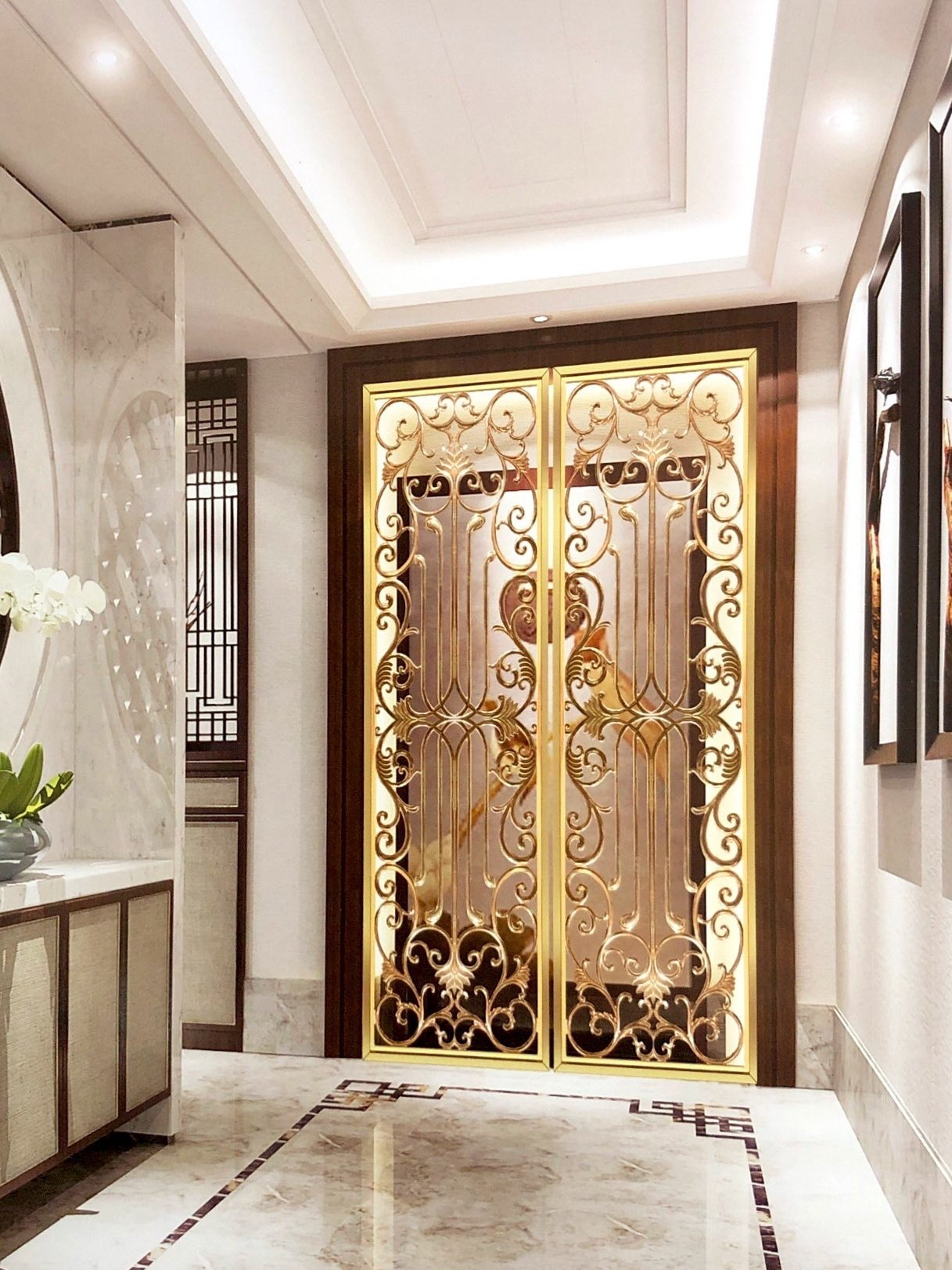 不锈钢铝雕铝合金美式欧式屏风钛金镂空雕花玄关金属轻奢花格隔断