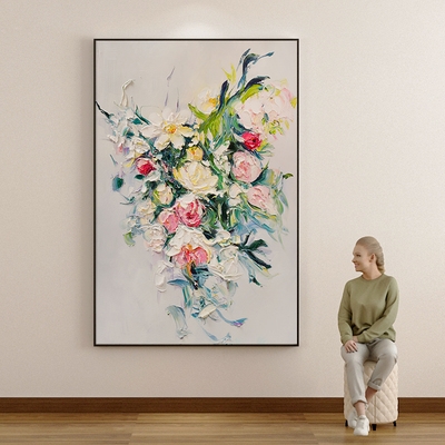 玄关装饰画牡丹竖版油画图片