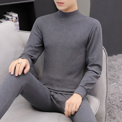 男士中领秋衣秋裤薄款纯棉半高领保暖内衣男土内穿睡衣套装c打底