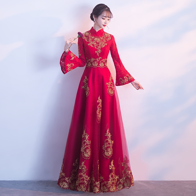 中式敬酒服新娘2021新款夏季长款结婚礼服女立领回门秀禾服遮手臂