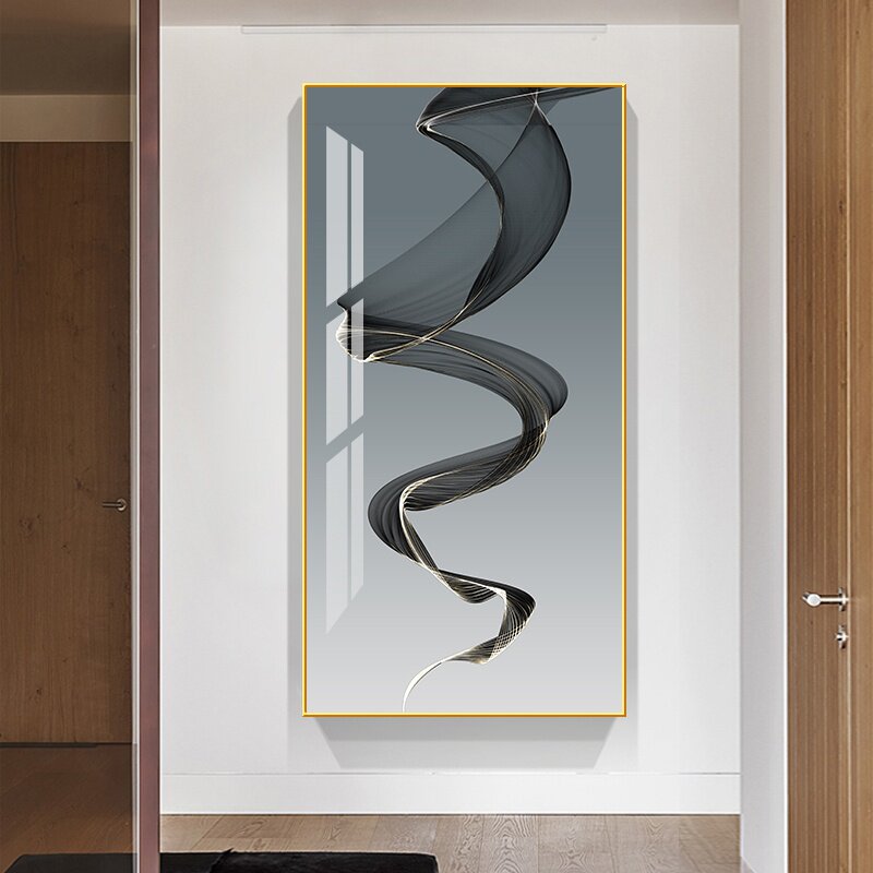 入户门玄关装饰画竖长款v走廊尽头挂画进门迎门墙壁画抽象黑白线