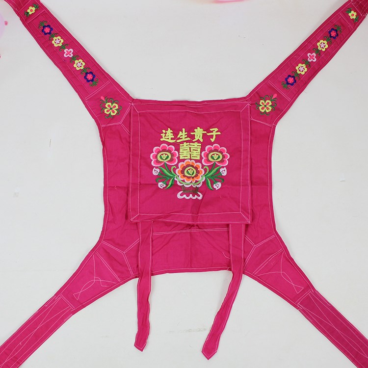 广东传统款老式婴儿后背式背带四角4~36个月宝宝喜庆玫红刺绣背带