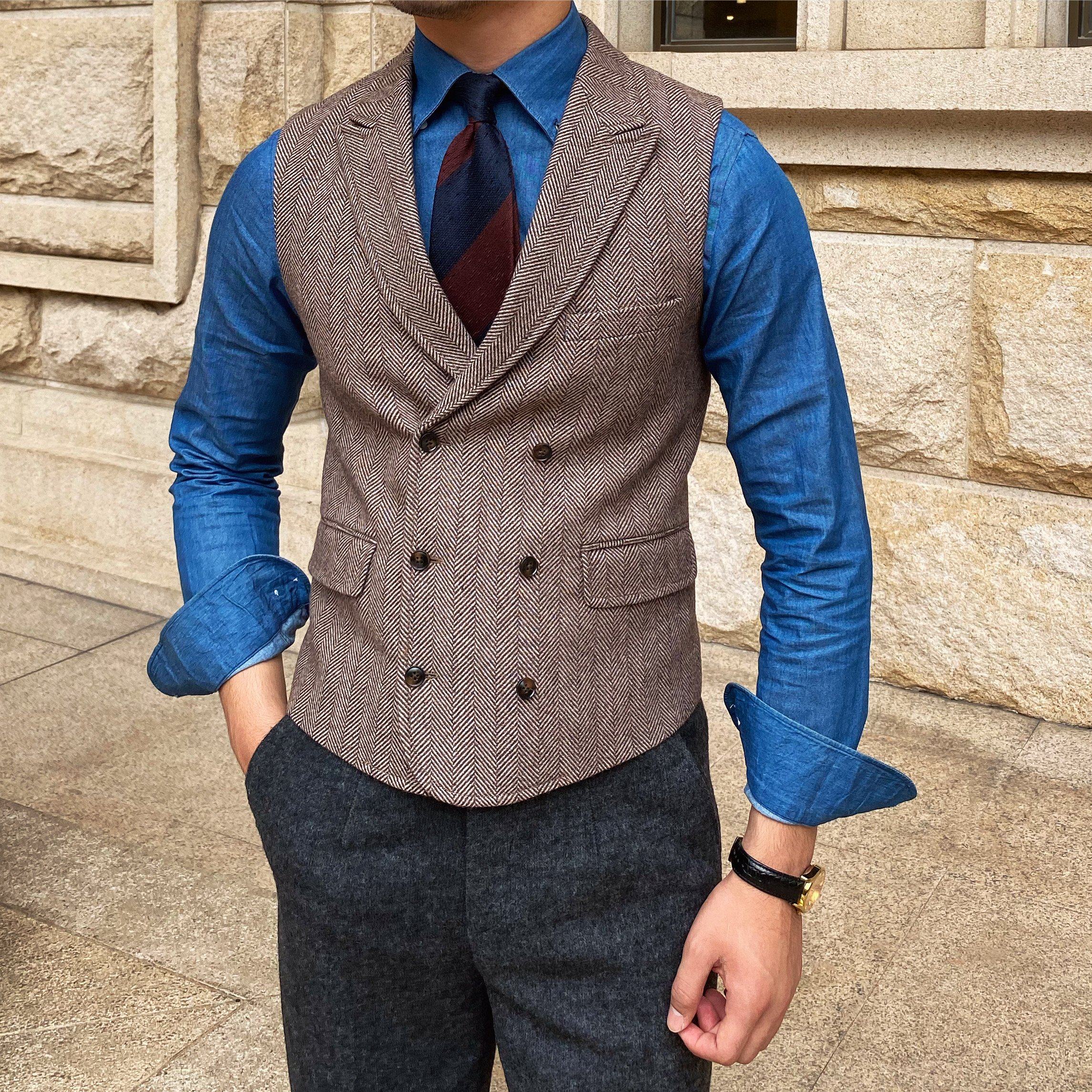 鹿三先生秋冬新款男士宴会礼服修身时尚百搭双排扣西装领羊毛马甲