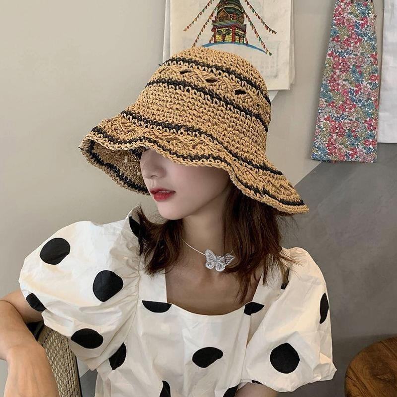 夏遮阳草编夏季遮阳草帽编织渔夫帽女韩版百搭显脸小小清新折—帽子