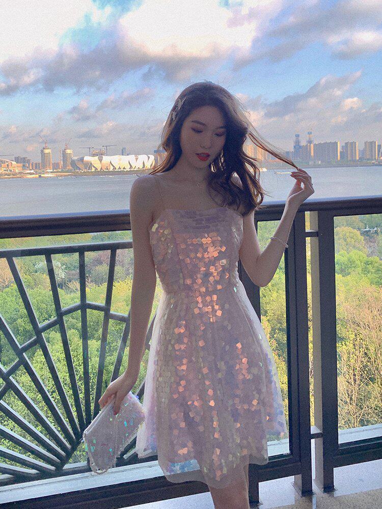 人鱼公主_人鱼姬流光亮片仙女粉色吊带连衣裙春夏欧根纱公主裙套装