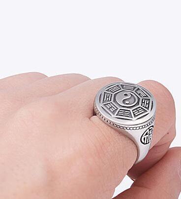 复古泰银戒指男士道家太极八卦开口转运藏银九字真言个性宽食指环