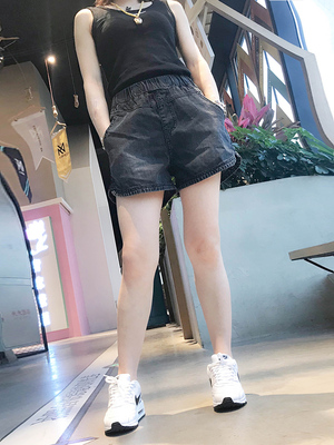 夏季牛仔黑色短裤女薄款韩版热裤宽松显瘦大码弹力松紧腰a字裤裙