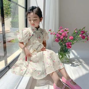 女童旗袍连衣裙夏季儿童洋气碎花雪纺公主裙子宝宝夏装汉服中国风