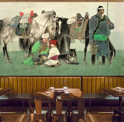 壁画餐厅蒙画生活墙纸风景的背景墙牧民民族上大草原蒙古马背电视