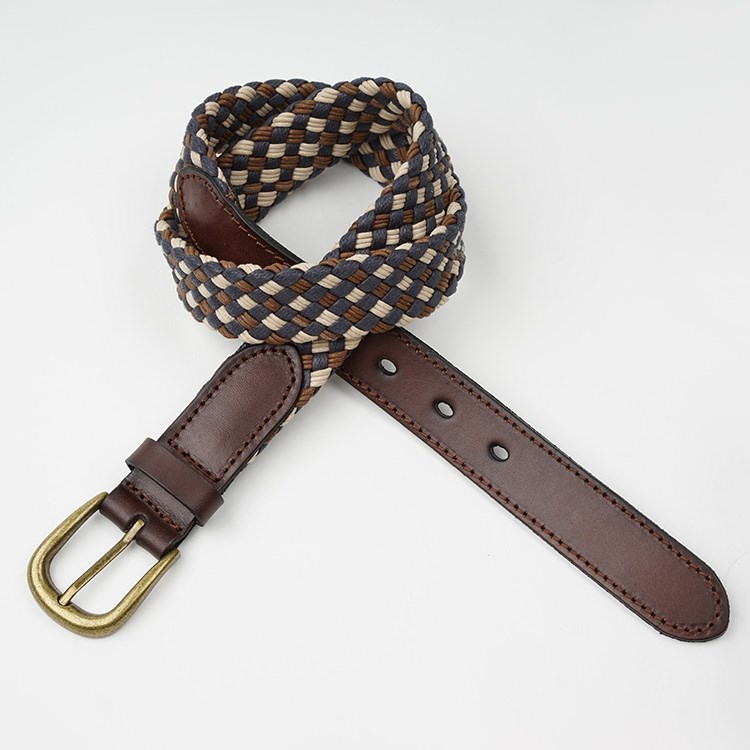 新款女士帆布腰带 复古个性编织真皮皮带 头层牛皮带拼接窄细腰带