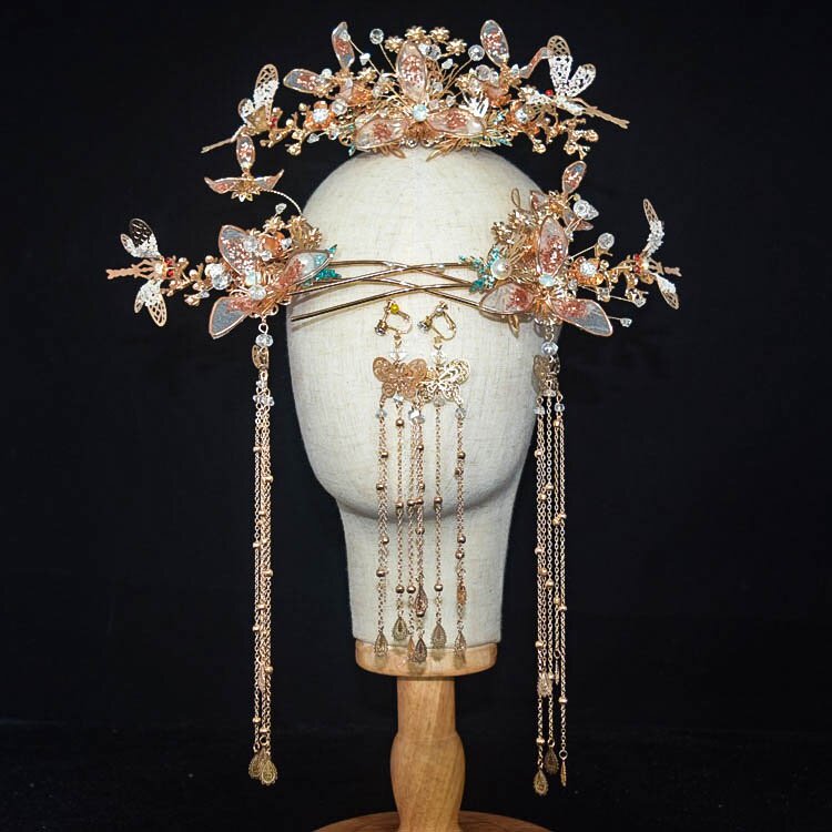 中式新娘头饰秀禾蝴蝶凤冠流苏步摇古装发饰婚礼结婚秀禾服饰品女