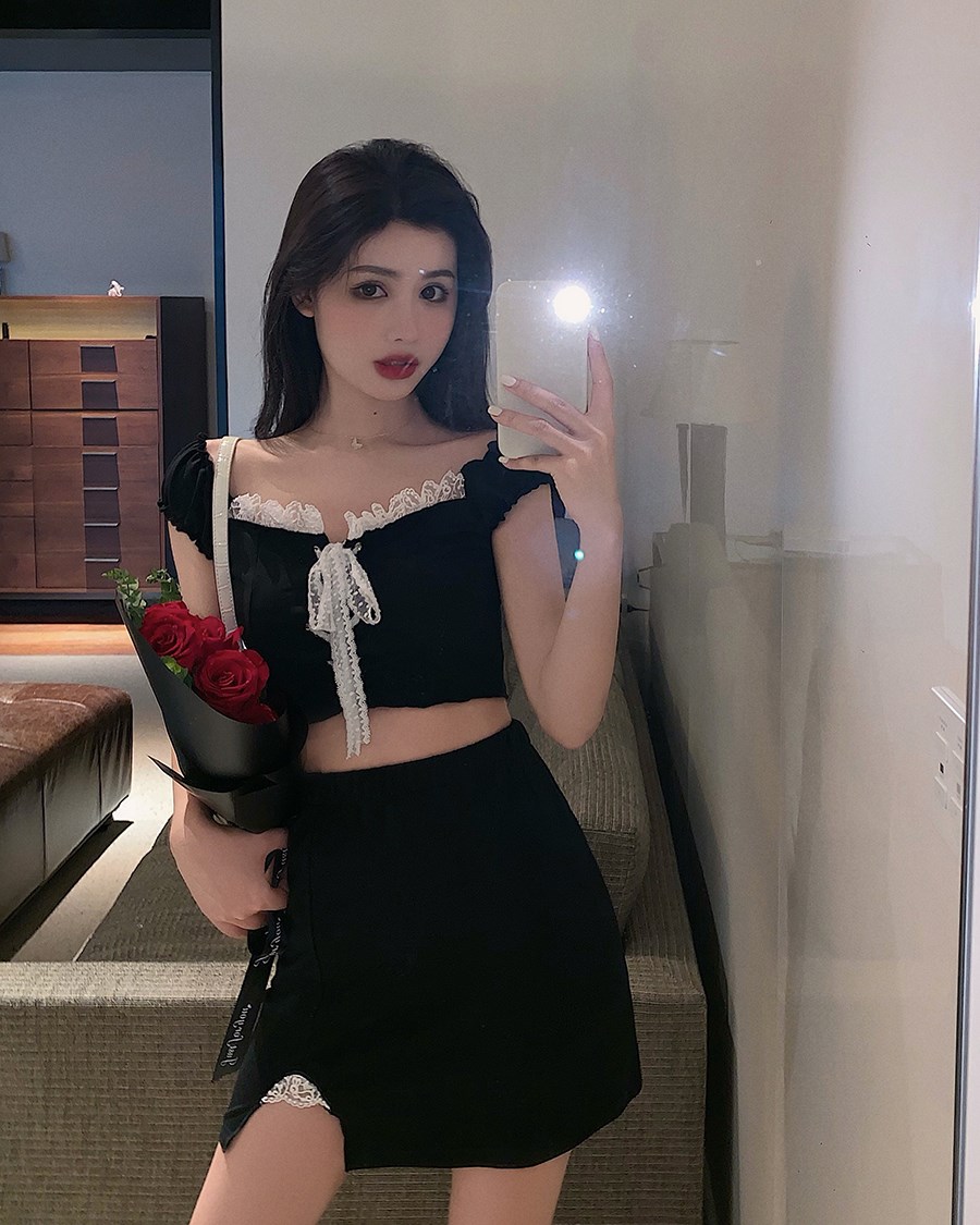夏季黑色露脐装蕾丝衬衫半身短裙套装女性感嘻哈气质暗黑系两件套