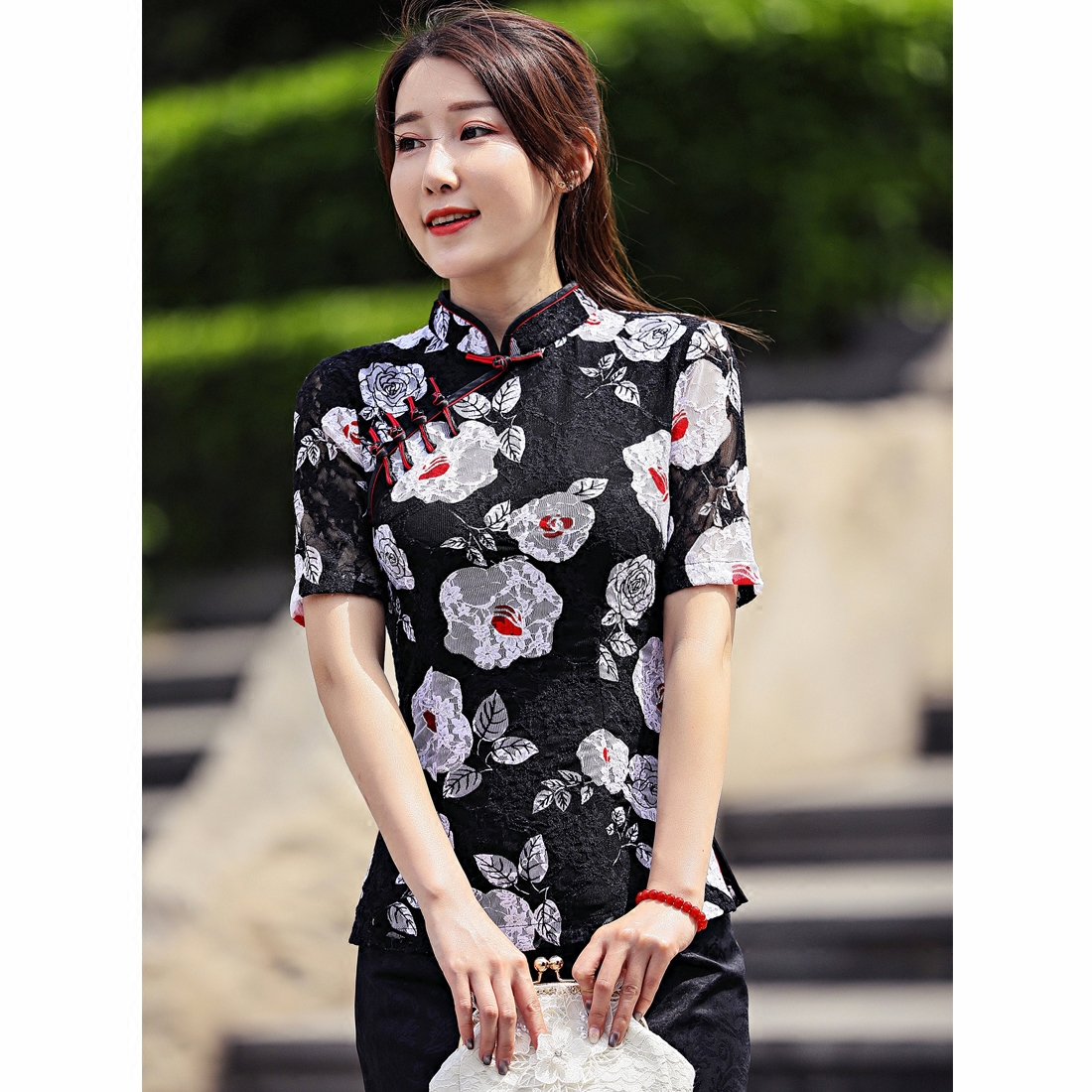 旗袍短款上衣短袖蕾丝图片