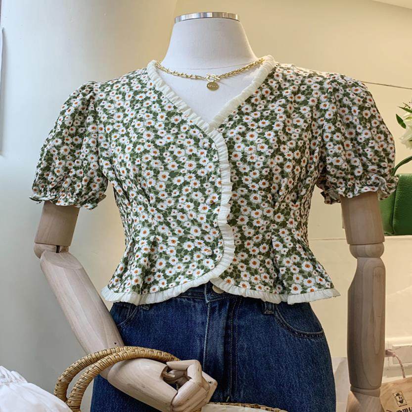 春夏新款木耳边韩国东大门气质短袖夏季小清新甜酷修身小花上衣女
