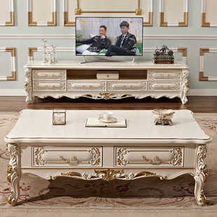 欧式大理石茶几全实木白色橡木方形雕花茶桌小户型客厅电视柜组合