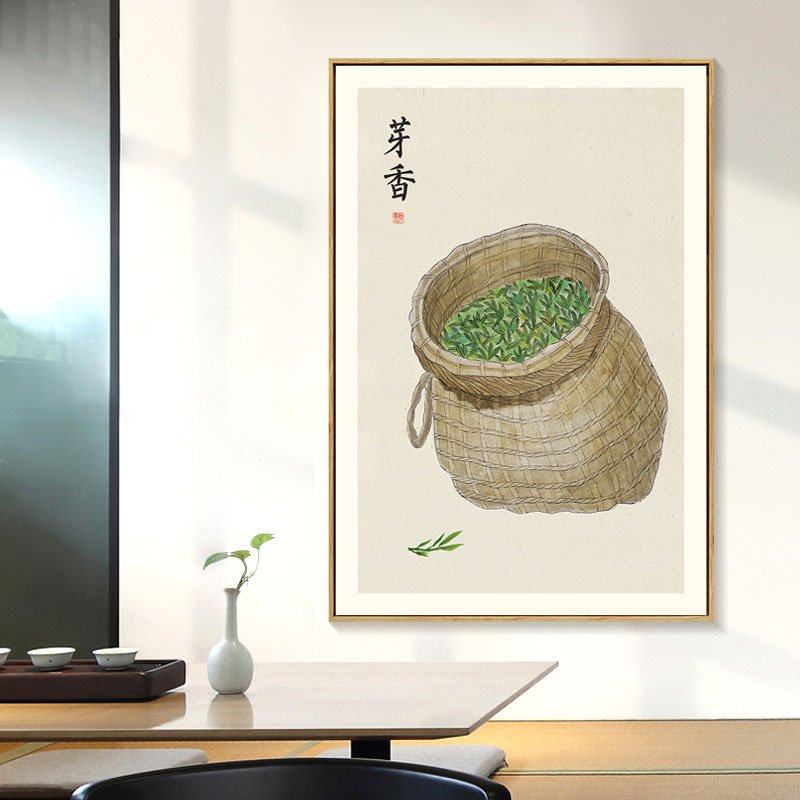 原创艺术采茶挂画新中式茶篓茶叶小品画禅意茶室装饰画书房壁画