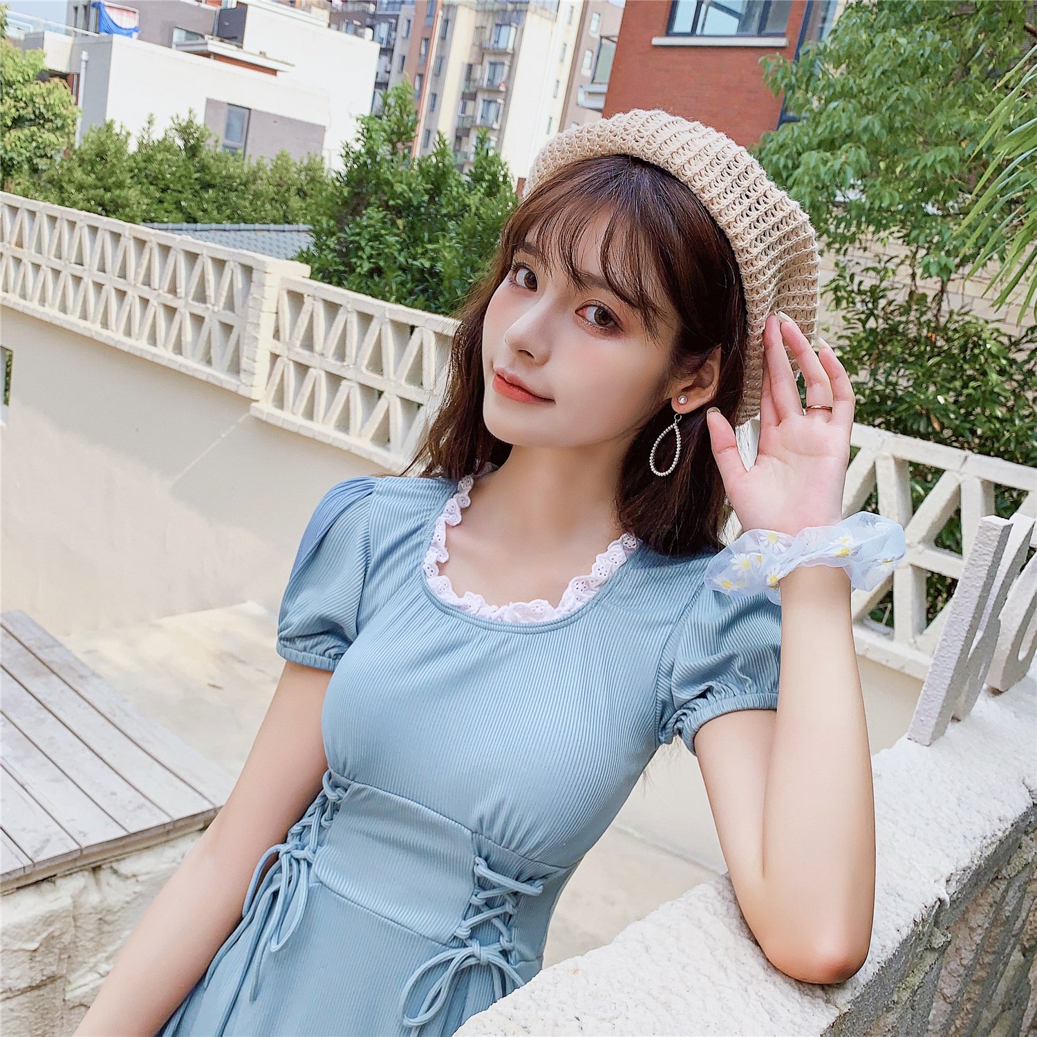 海边沙滩泳衣女夏可爱少女蓝分体小清l新泳装显瘦学生保守韩版游