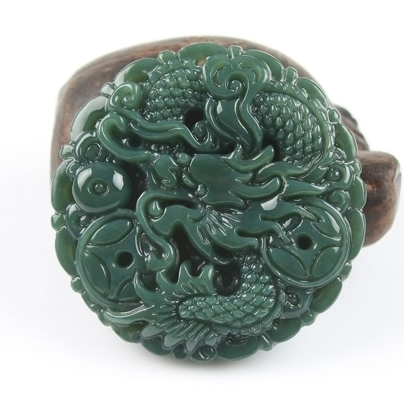 一元拍卖天然新疆和田玉青玉游龙戏珠吊坠龙牌玉坠生肖龙圆挂件