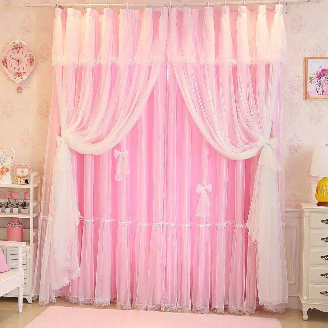 新品法式粉色窗帘抖音同款粉色公主风三层布纱一体网红女孩卧室客