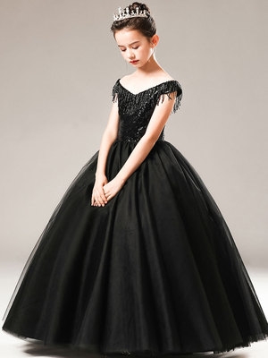 一字肩女童晚礼服黑色色亮片公主裙模特走秀儿童钢琴演出主持礼服