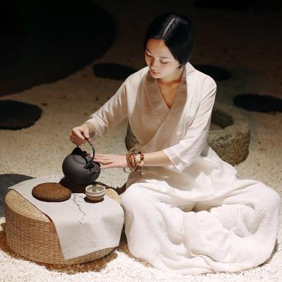 汉服瑜伽夏服棉麻中式坐禅气质套装中服白色女茶道打国风服禅服修
