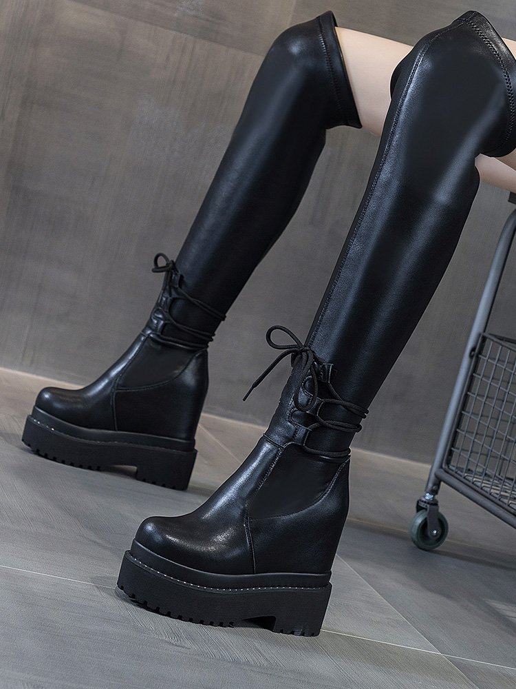 加绒皮靴女高筒2020新款秋冬12cm潮小个子内增高厚底过膝靴