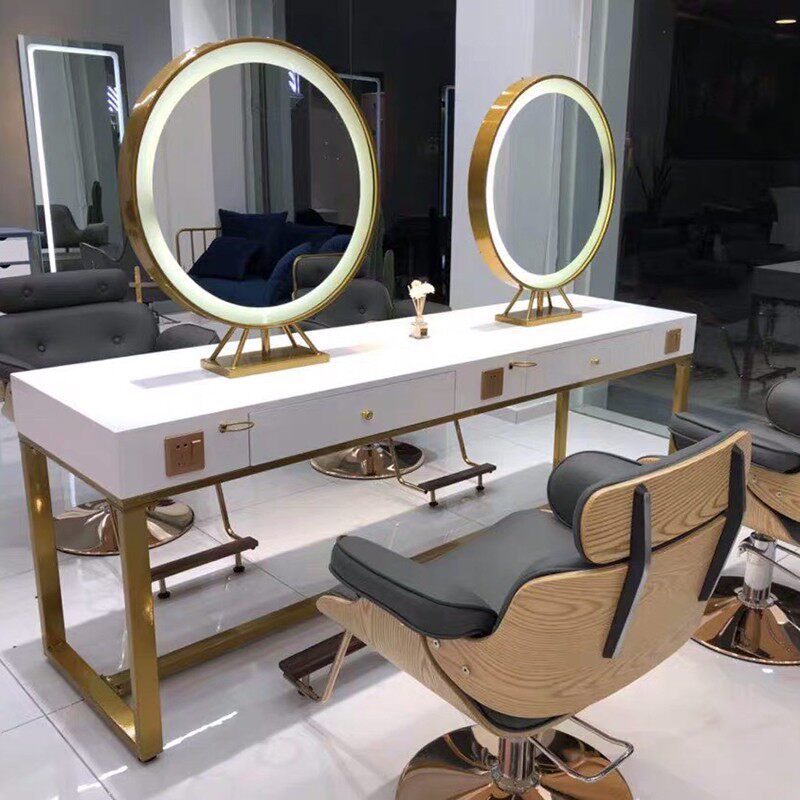 网红理发店镜台发廊专用落地单面双面镜台led镜子带灯剪发美发镜