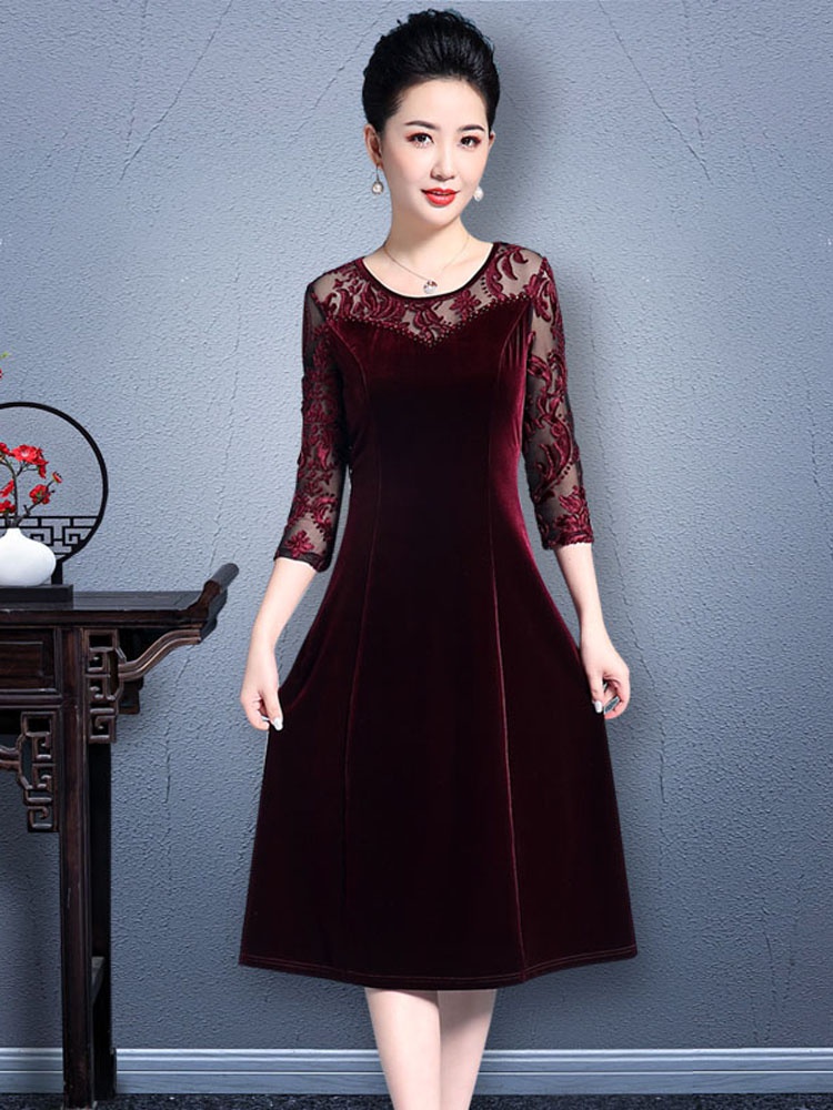 母亲高贵金丝绒连衣裙秋婆婆洋气年轻岳母喜庆婚宴装结婚妈妈礼服