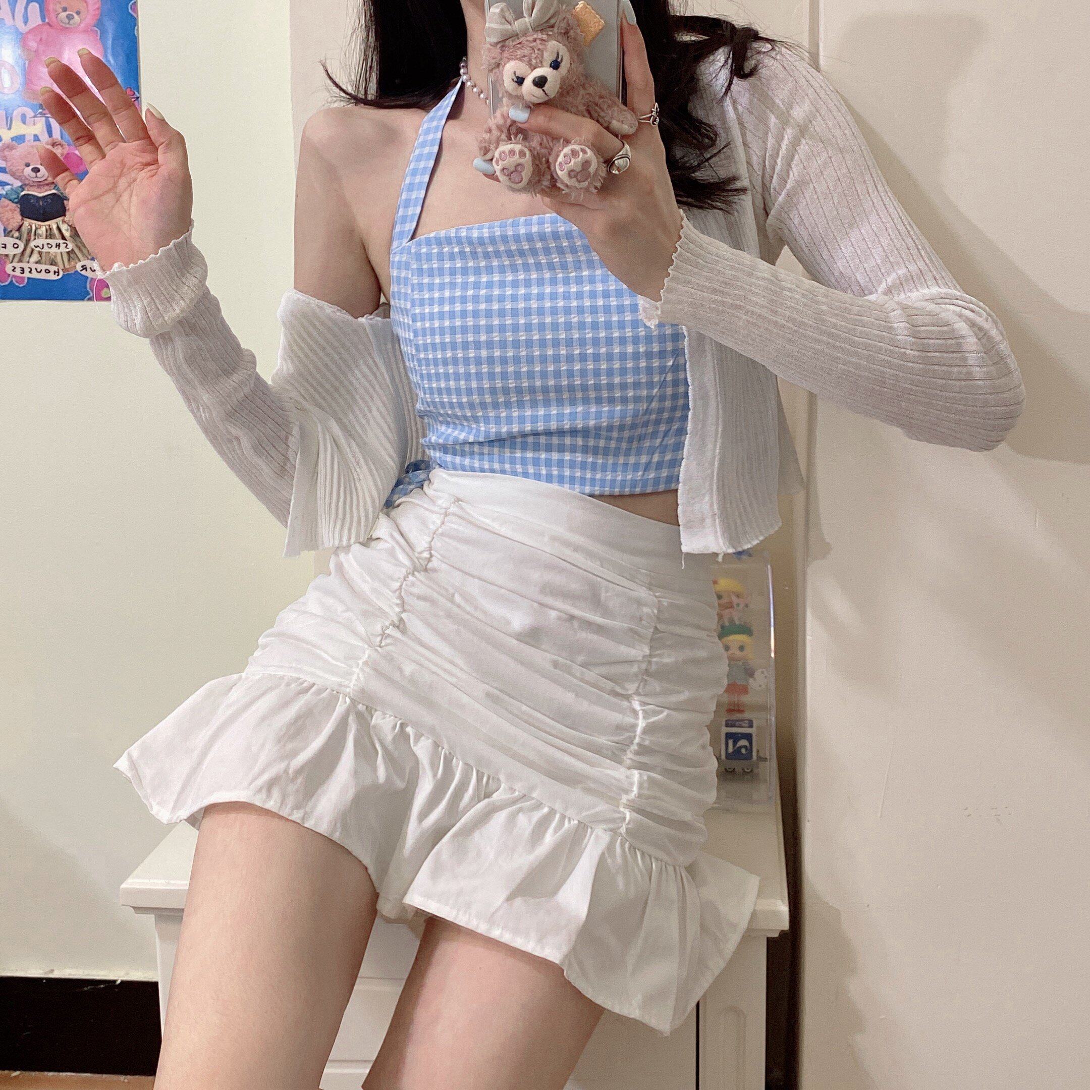 学院风日系可盐z可甜荷叶边半身裙套装女格子吊带背心防晒衫两件