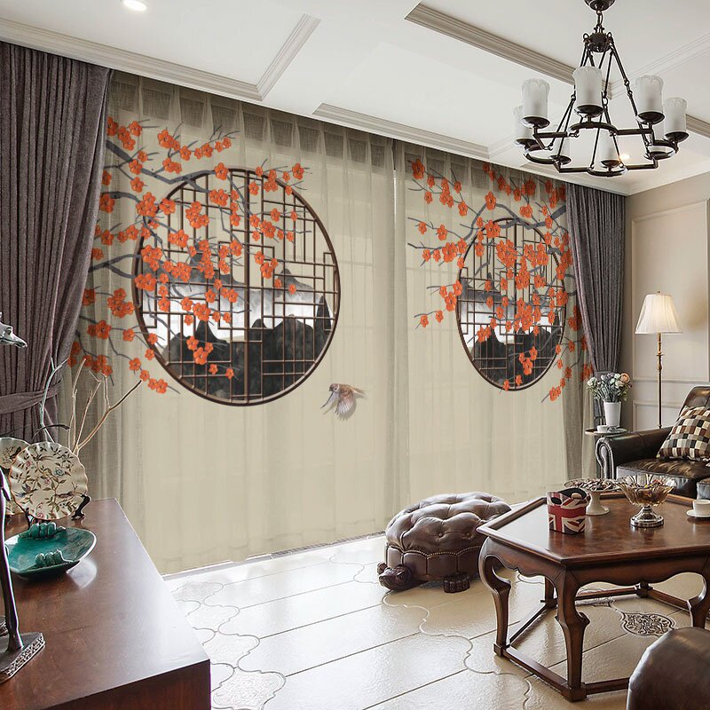 定制新中式窗帘布纱帘餐厅酒店卧室阳台客厅中国风花鸟吉祥寓意