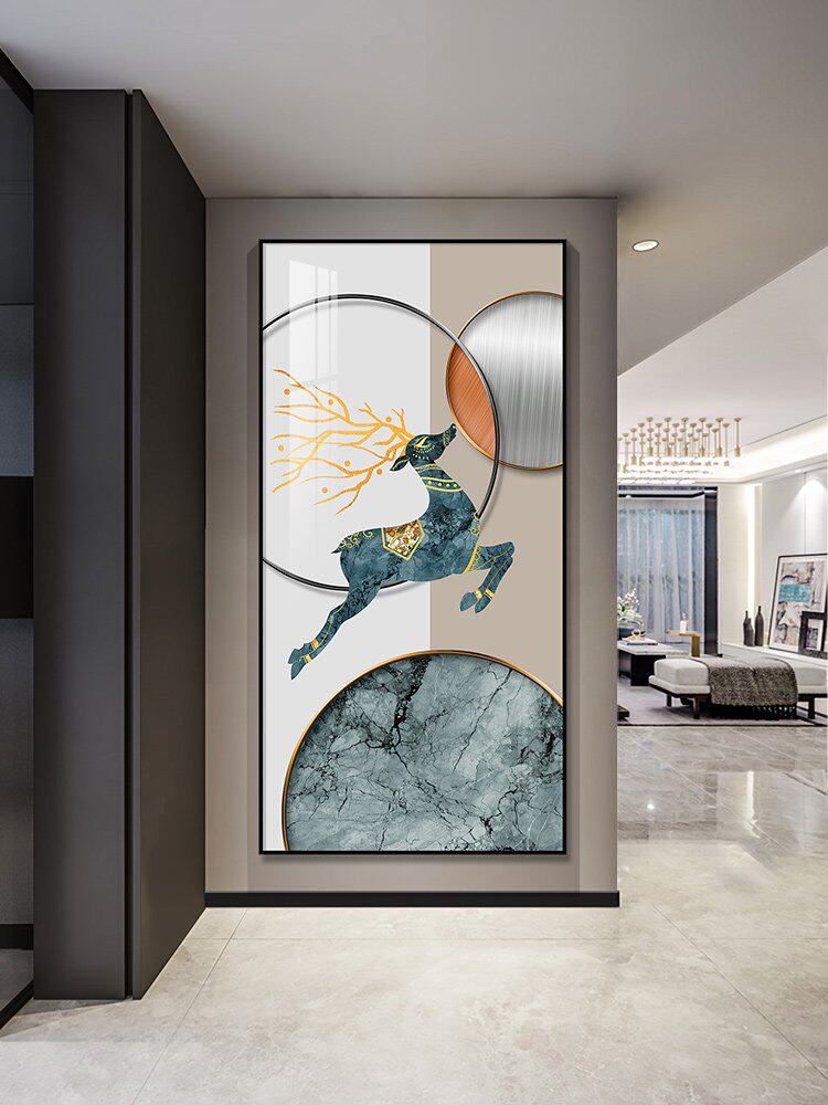 轻奢玄关装饰画现代简约走廊过s道竖版挂画北欧大气麋鹿墙面壁画