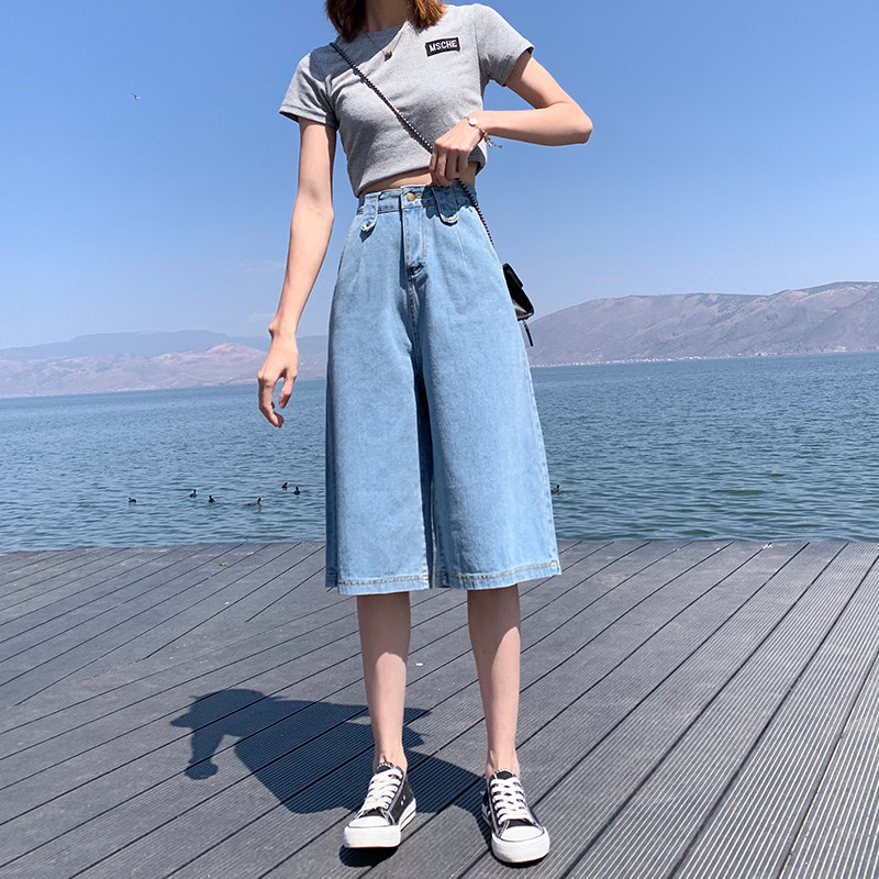 牛仔裤女2021夏季新款宽松阔腿时尚外穿六分裤a字型矮个子七分裤
