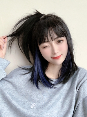 ベ鬼鬼家゛假发女长发挂耳发蓝色假发挑染微卷中长发假发套网红