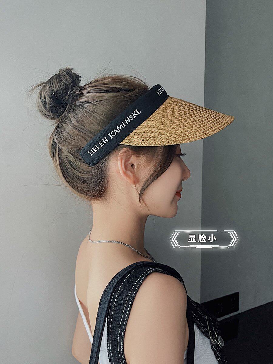 草帽女生空顶大帽檐遮阳帽防晒夏季骑车防吹翻露头顶的太阳帽百搭