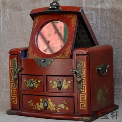 仿复古典化妆箱首饰品盒中式中国t风格梳妆结婚红色收纳带镜锁