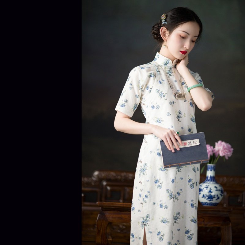 棉麻旗袍长款修身