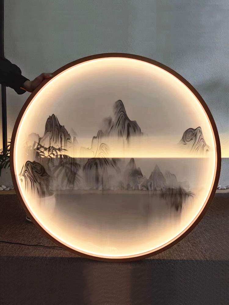 新中式圆形灯画屏风玄关隔断山水发光纱画丝绢半透明装饰挂画定制