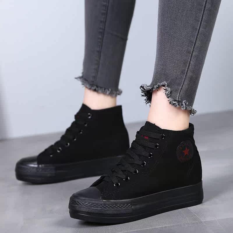 回力全黑色2021秋冬款高帮鞋休闲女厚底内增高帆布鞋加绒保暖板鞋