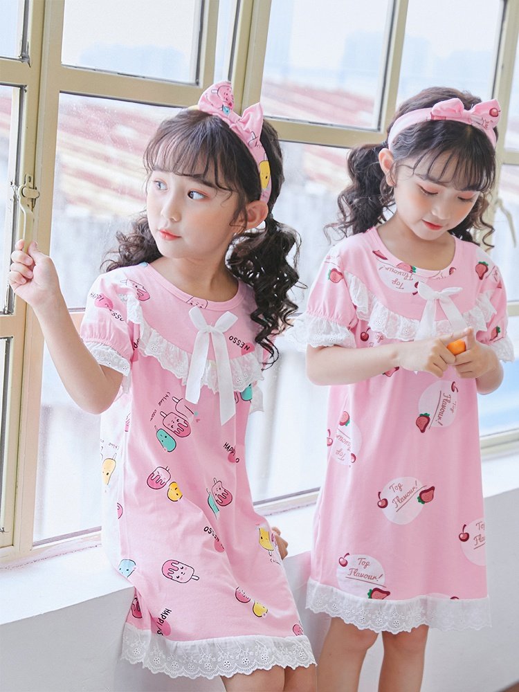 儿童睡裙夏季女短袖夏天女童薄款纯棉韩版女宝公主风甜美薄款睡衣