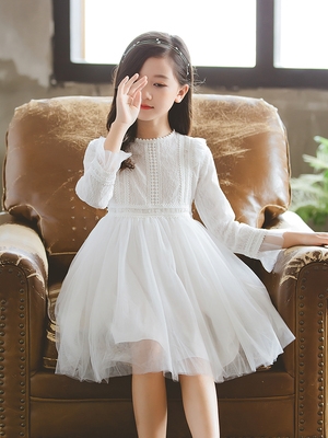 女童连衣裙秋装2021新款儿童蓬蓬纱裙子长袖中大童白色公主裙洋气